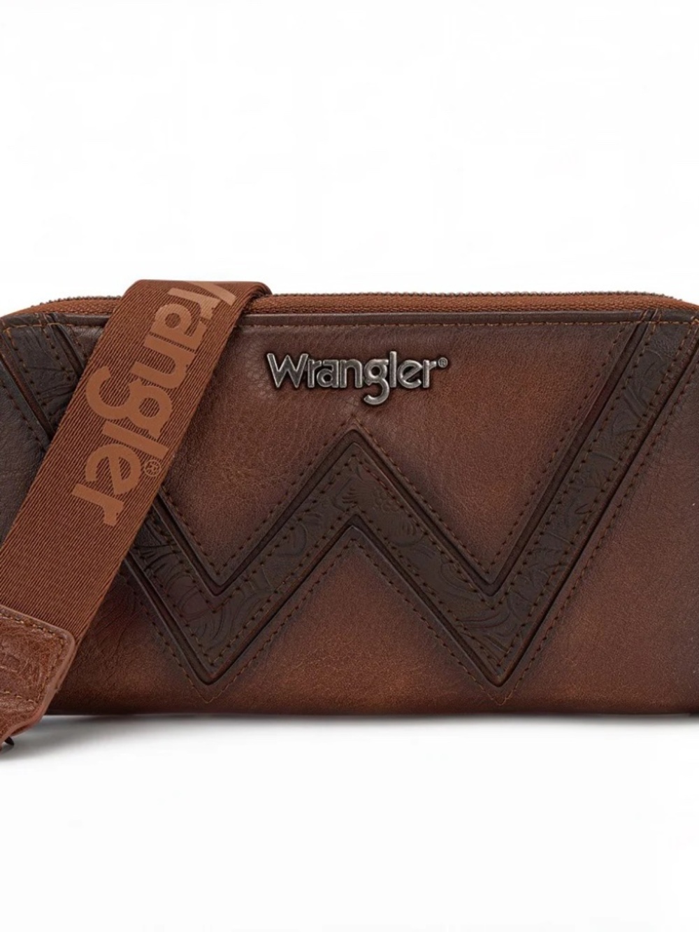 Wrangler Chevron Stitch Zip Around Wristlet Wallet Brown